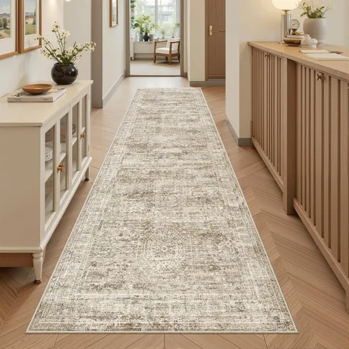 Miniatura 107 de Alfombra de pasillo Soalmost 2'6" x 10' lavable, alfombra antideslizante para cocina, baño, lavandería, alfombras vintage ultra delgadas para Beige