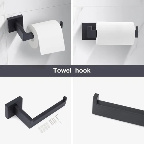 Miniatura 5 de Accesorios de baño de acero inoxidable negro mate, juego de 5 piezas con toallero cuadrado de 16 pulgadas, toallero y soporte