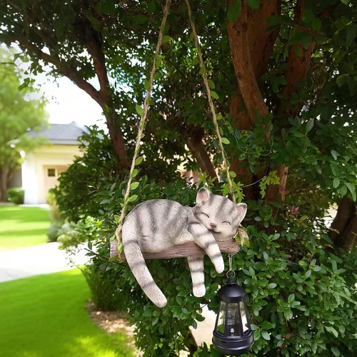 Miniatura 6 de Estatua de jardín con luz solar para exteriores, columpio colgante de 22.6 pulgadas de alto con un gato dormido y una linterna LED, figura de animal