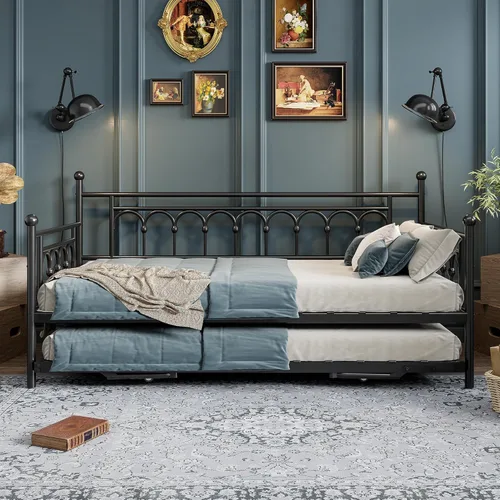 Miniatura 3 de Sofá cama individual con nido y bolsa de almacenamiento, sofá cama de metal con nido desplegable, cama de día con soporte de listones de acero, sofá