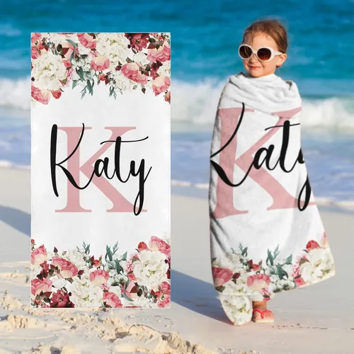 Miniatura 9 de Toallas de playa personalizadas para bebé niña con nombre para niños y adultos, toalla de baño de algodón con flores de acuarela personalizadas