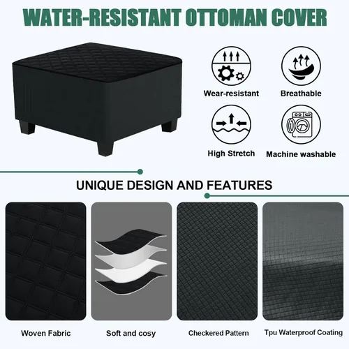 Miniatura 5 de Funda de otomano acolchada impermeable con protector de reposapiés para sofá, cubierta para taburete, protector para taburete con lazada Negro