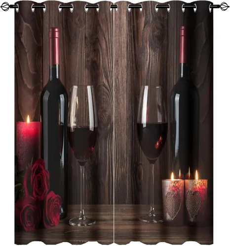 Cortinas opacas de vino tinto, estilo vintage, rústico, romántico, bodega, rosa, flor, vela, con ojales, ahorro de energía, cortinas con aislamiento