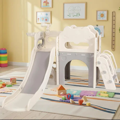 Miniatura 7 de Arlopu Juego de toboganes 8 en 1 para niños, tobogán de bebé para interiores y exteriores con aro de baloncesto, telescopio y espacio de Blanco