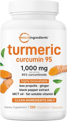 Suplemento de Cúrcuma Curcumina Pura 1,000mg | 95% Curcuminoides | 120 Cápsulas Vegetarianas con Propóleo de Abeja, Jengibre, Aceite MCT, Vitamina C