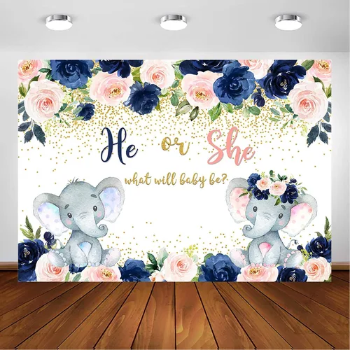 Avezano Telón de fondo de revelación de género de elefante azul marino y rubor, color azul marino, rubor, rosa, floral, elefante, fotografía, fondo,