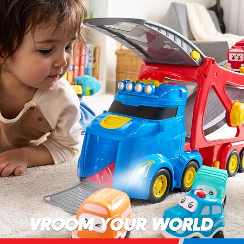 Miniatura 6 de Vroomix Camiones de Juguete Extra Grandes para Niños Pequeños, Camiones de Ciudad de 3 Niveles para Niños, Camión Transportador Grande 7 en 1
