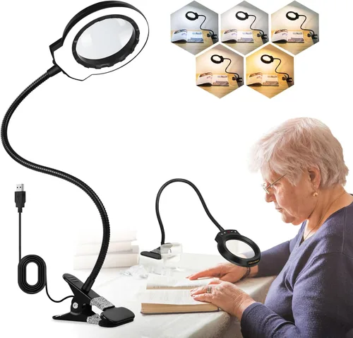 Lupa con luz y abrazadera de escritorio más grande 10X lupa de escritorio con clip para trabajo cerrado, lectura de libros de cama, manualidades,