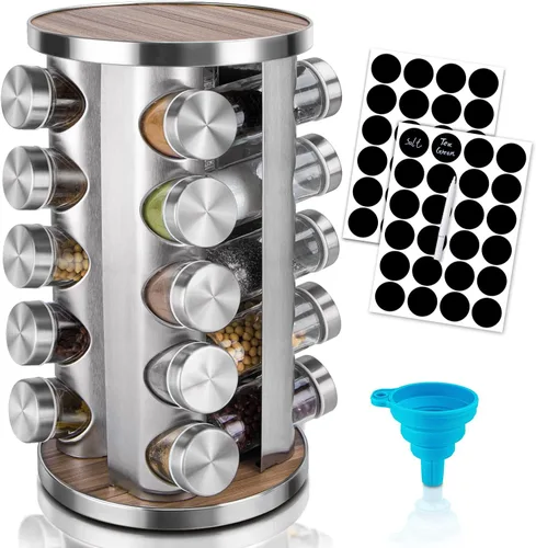 Organizador giratorio de especias con tarros (20 unidades), organizador de condimentos para gabinete, estantes de especias de cocina para encimera,
