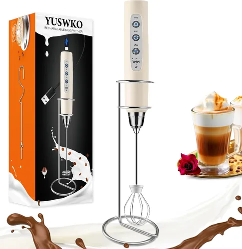 Miniatura 22 de YUSWKO - Espumador de leche recargable de mano con 3 cabezas, mezclador de bebidas con 3 velocidades ajustables para latte, cappuccino, chocolate