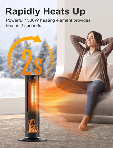 Miniatura 2 de TRUSTECH Calentador de espacio en torre de 26 pulgadas, calentador eléctrico de 1500 W para habitaciones grandes, termostato y 3 modos, oscilación
