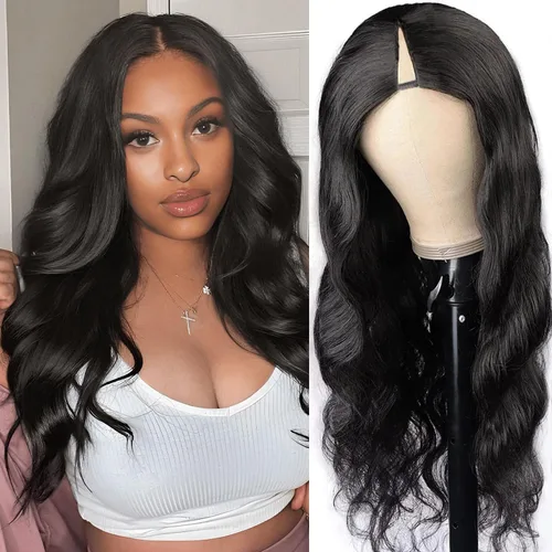 Miniatura 18 de Pelucas con camino en V ondulada de cabello humano virgen brasileño para mujeres negras; mejora de pelucas con camino en U, sin pegamento, con clip