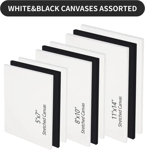 Miniatura 4 de Lienzos estirados negros y blancos para pintar, paquete múltiple de 3 unidades de 11 x 14 pulgadas, 8 x 10 pulgadas, 5 x 7 pulgadas, lienzo