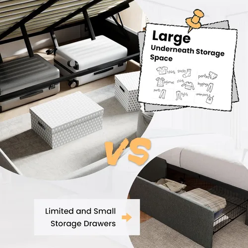 Miniatura 3 de SHA CERLIN - Cama de tamaño completo con almacenamiento elevado/Cabecero abatible moderno/Base de cama tapizada con plataforma/Almacenamiento Beige