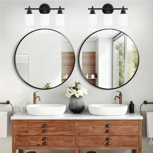 Miniatura 8 de Lámparas de baño negras de 3 luces, modernas luces de tocador sobre el espejo, apliques de pared de baño con pantalla de vidrio blanco, enchufe E26