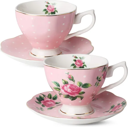 Miniatura 7 de BTaT- Juego de 2 tazas de té y platillos florales, 8 onzas, juego de tazas de té de porcelana fina con ribete dorado para té de la tarde, bodas, Azul
