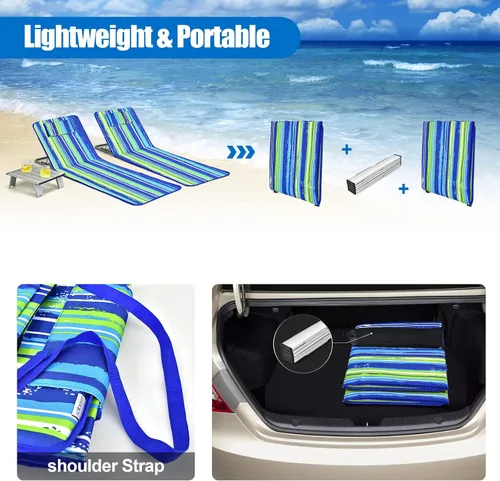 Miniatura 6 de COSTWAY Sillas de playa de 3 piezas, tumbona para exteriores con mesa auxiliar, 5 posiciones reclinables, sillas de bronceado ligeras y portátiles
