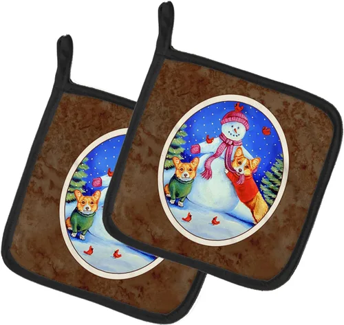 Caroline's Treasures 7048PTHD Muñeco de nieve con Corgi par de soportes para ollas de cocina resistentes al calor, almohadillas calientes para