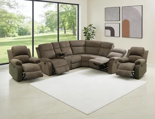 Miniatura 22 de Juego de sofá seccional reclinable manual, juegos de muebles de sala de estar, sofá seccional en forma de L y 2 sillas, cómodo sofá reclinable