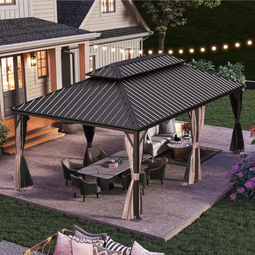 Miniatura 41 de Domi - Cenador de techo rígido de 8 x 8 pies con malla y cortinas, cenador para exteriores con techo doble de acero galvanizado para patio, césped