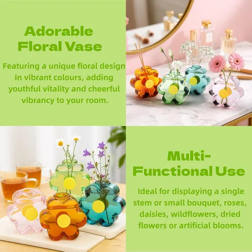 Miniatura 6 de Covzoe Paquete de 4 pequeños jarrones de cristal, coloridos jarrones únicos en forma de flores, bonitos jarrones de cristal para centros de mesa