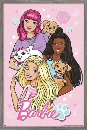 Mattel Barbie - Bonito póster de pared, 22.4 pulgadas de largo x 14.7 pulgadas de ancho, versión enmarcada de madera de granero