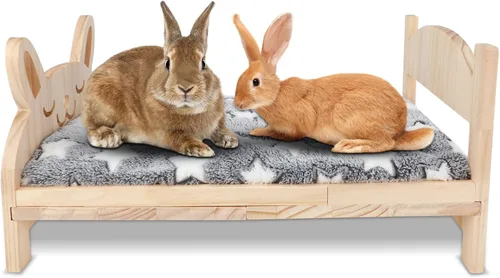 Miniatura 9 de BWOGUE Cama de Madera para Conejo de Indias con Escaleras y Alfombrilla, Cama de Felpa Lavable para Animales Pequeños, Plataforma de Cama