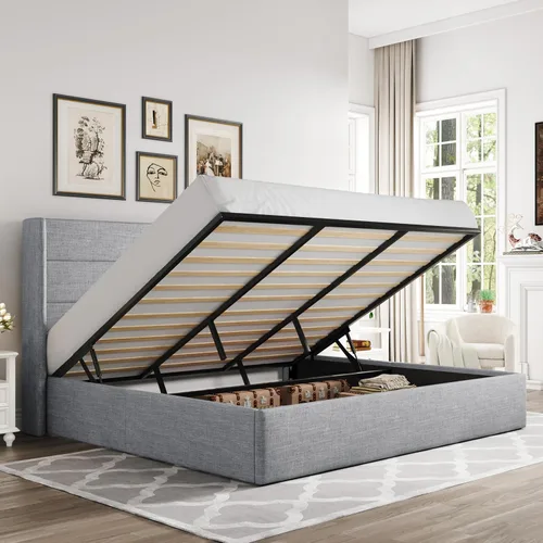 Miniatura 28 de Allewie Cama de Almacenamiento Elevable Tamaño Completo, Cabecero Capitonado con Botones con Respaldo de Ala, Soporte Hidráulico, No Necesita Gris