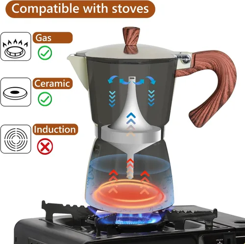 Miniatura 4 de Moka Pot - Máquina de café expreso de 10.1 fl oz-6 tazas, cafetera italiana, percoladora, aluminio, fácil de usar y limpiar, para uso doméstico
