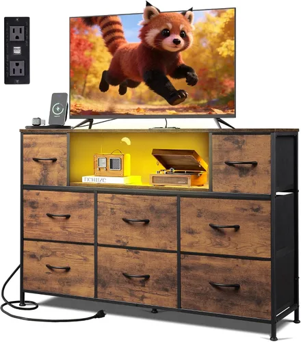 Miniatura 12 de Soporte de TV negro para TV de 45, 50, 55 pulgadas, mesa consola multimedia de TV con luces LED y estación de carga, centro de entretenimiento con 8
