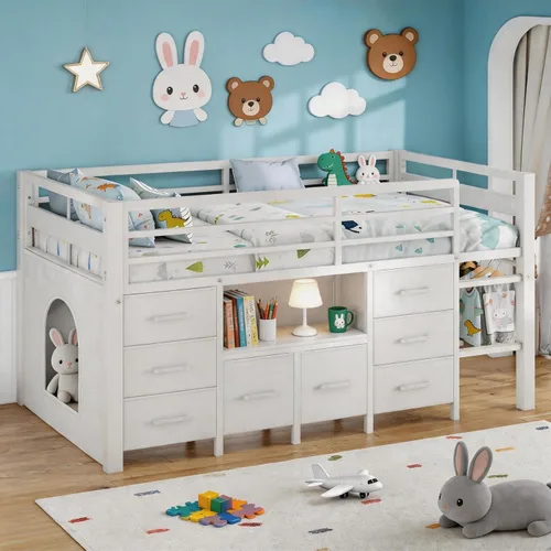 Miniatura 18 de Einhomn Litera matrimonial sobre matrimonial, cama de metal resistente con escalera y barandilla de longitud completa, espacio de almacenamiento