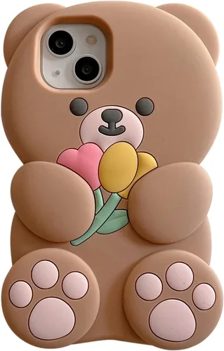 Fundas para teléfono Kawaii compatibles con iPhone 13 Pro Max, linda funda de silicona suave 3D con diseño de oso de flores de dibujos animados para