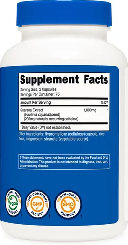 Miniatura 5 de Nutricost Guaraná 1000 mg porción, 150 cápsulas vegetarianas – Suplemento energizante de cafeína brasileña a base de hierbas naturales