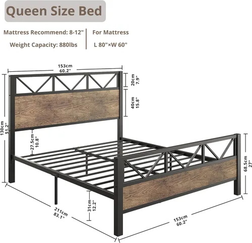 Miniatura 2 de LIKIMIO - Base de cama Queen, cabecero industrial alto de 51.2", con soporte metálico resistente, estructura de cama sólida y estable, libre
