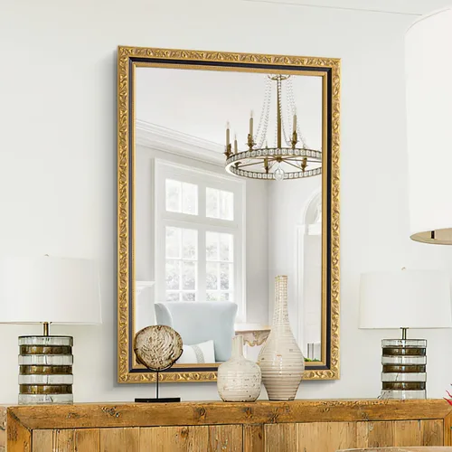 Espejo vintage negro dorado, 40 x 28 pulgadas, espejo rectangular de pared antiguo con marco de madera ornamentada, espejos decorativos para sala de