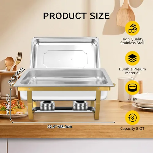 Miniatura 7 de Juego de 5 platos de roce para bufé, juego de 8 cuartos de galón de platos de roce dorados para bufé con bandeja de alimentos de tamaño completo