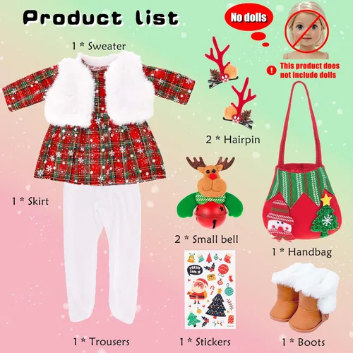 Miniatura 2 de ebuddy Ropa y accesorios para muñecas de 18 pulgadas, juego de disfraz de Navidad que incluye vestido, chaleco de piel, medias, botas, pinzas