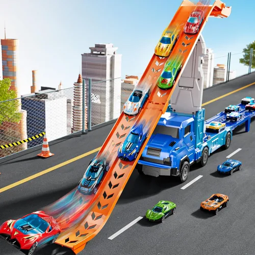 Miniatura 7 de Juego de camiones y coches para niños de 3, 4, 5, 6, 7, 8 años, juego de camiones transportadores con pista de 12 coches fundidos a presión