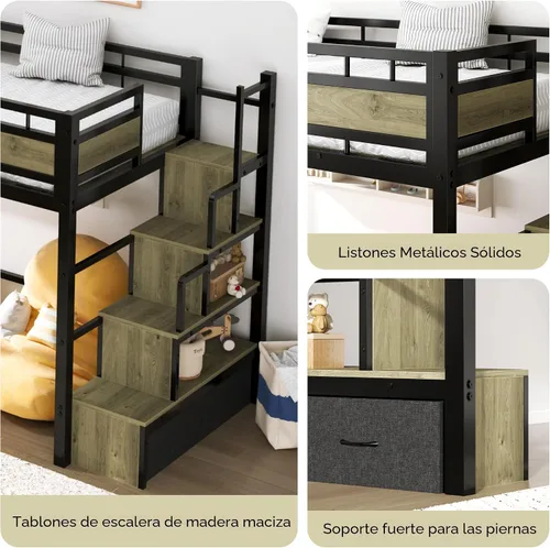 Miniatura 6 de soges Cama tipo loft con escaleras, cama alta de metal con cajones de almacenamiento, ideal para dormitorios, apartamentos, habitaciones de niños