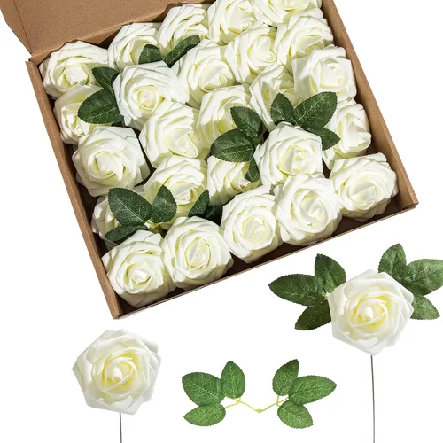 Miniatura 15 de Rosa artificial de espuma de 25 piezas de rosas falsas de aspecto real con tallos y hojas para decoración del hogar, fiestas, jardín, centros