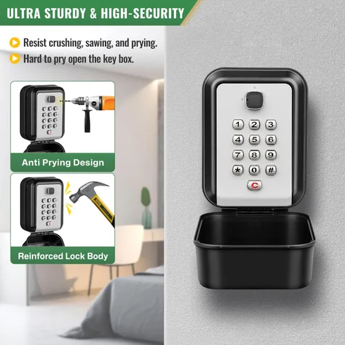 Miniatura 3 de HUANLANG Caja de seguridad para llaves con código, cajas de llaves impermeables para montaje en pared, 12 dígitos, teclado para llaves de casa, Gris