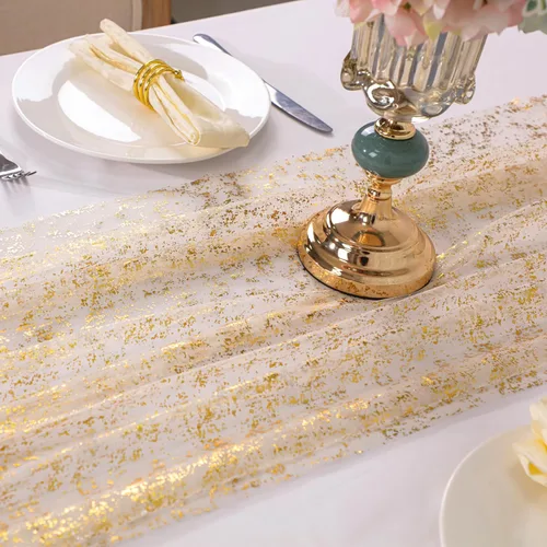 Miniatura 6 de Snowkingdom - Camino de mesa dorado de 10 pies, gasa transparente, chifón, tul, tela de queso, lentejuelas, purpurina, lámina metálica, decoraciones