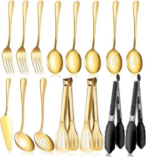 Juego de utensilios de servir dorados para fiestas, cucharas grandes de servir de acero inoxidable, cucharas ranuradas, tenedores, pinzas, cucharas