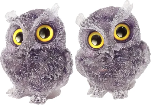 TUMBEELLUWA Juego de 2 mini adornos de figura de búho de cristal de amatista, estatuas decorativas de búho de resina para mesa de oficina en casa,
