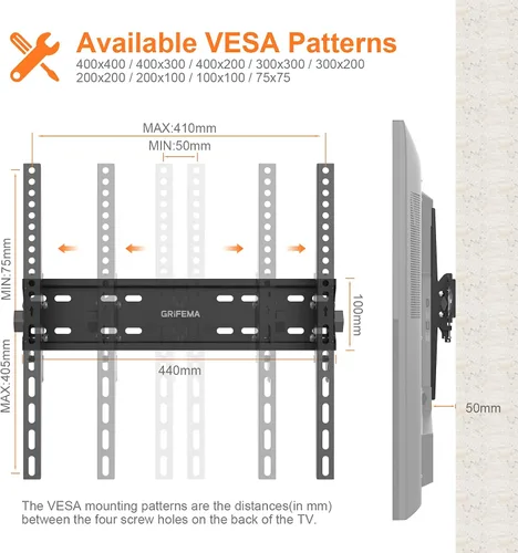 Miniatura 2 de GRIFEMA GB1004-2 Soporte de pared para TV, soporte de TV inclinable para televisores o monitores planos y curvos de 26 a 55 pulgadas, capacidad