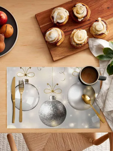 Miniatura 3 de Juego de 6 manteles individuales de bolas de Navidad para mesa de comedor, paño de lino de algodón para mesa cuadrada/rectangular/redonda