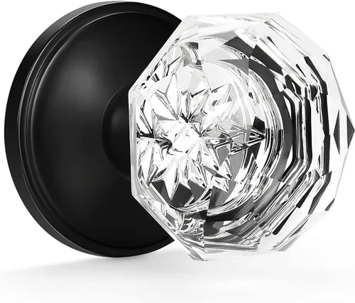 Miniatura 24 de Gobrico Pomo de puerta de cristal para dormitorio y baño con roseta clásica negro mate, diamante transparente octogonal para puerta interior, 1