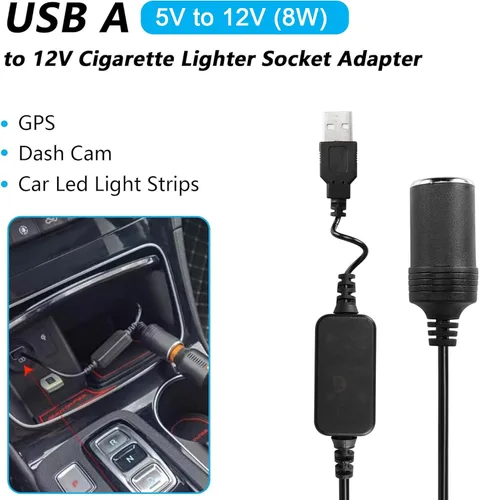 Miniatura 2 de CERRXIAN Cable de alimentación adaptador de toma de mechero de cigarrillos de 12V 8W macho USB A de 1 pie para cámara de salpicadero, GPS, tiras