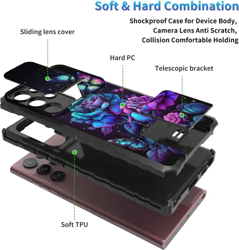 Miniatura 37 de Funda para Samsung Galaxy S22 Ultra 5G, Galaxy S22 Ultra con cubierta de cámara deslizante, funda resistente de doble capa con función atril Black
