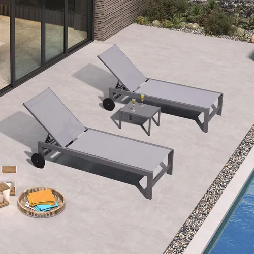 Miniatura 47 de PURPLE LEAF Juego de tumbonas para exteriores para 2 sillas de piscina de gran tamaño con ruedas fáciles de mover y respaldo ajustable, tumbonas